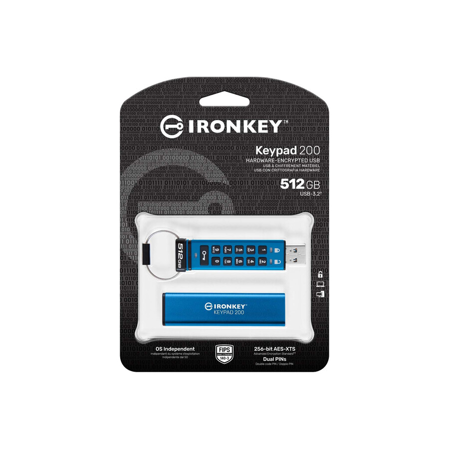 kingston ironkey keypad 200 series usb flash drive - capacity=512gb connector=usb-a